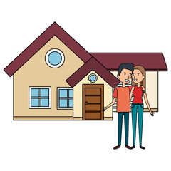 Poster - couple lovers outside the house vector illustration design