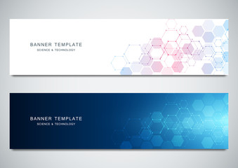 Vector banners for medicine, science and digital technology. Geometric abstract background with hexagons design. Molecular structure and chemical compounds.