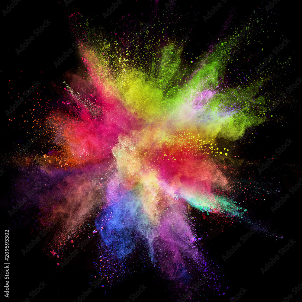 Colored powder explosion on black background. - obrazy, fototapety, plakaty 