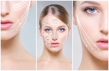 Human face in a collage. Young and healthy woman in plastic surgery, medicine, spa and face lifting concept.