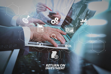 Poster - Business team meeting present. Photo professional investor working with new startup project. Finance managers meeting.Digital tablet laptop computer design smart phone using, Sun flare effect