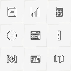 Mathematics line icon set with graphics, mathematics figures and ruler