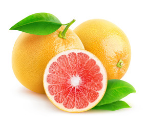 Aufkleber - Isolated citrus fruits. Two and a half grapefruits isolated on white background with clipping path