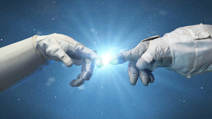 Wall Mural - astronaut hands with blue star, spacesuit gloves