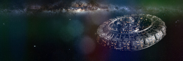 Wall Mural - space station and the beautiful Milky Way galaxy, huge colony in empty space 