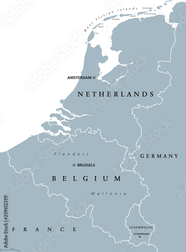 Cuadros en Lienzo Benelux countries, gray colored political map