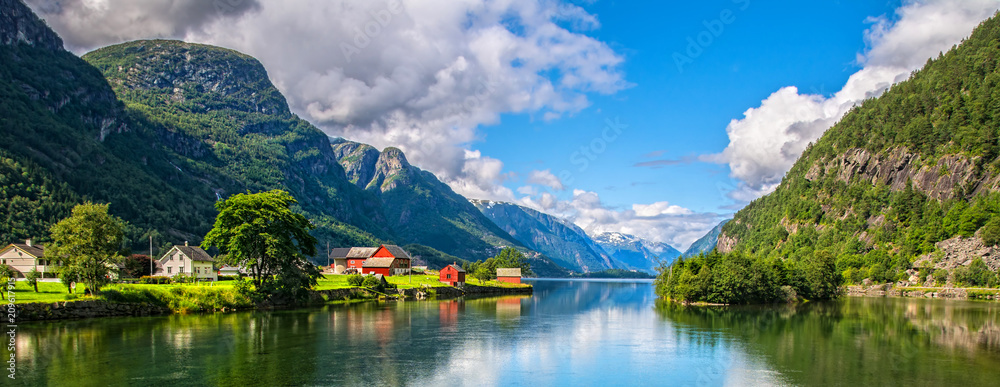 Amazing nature view with fjord and mountains. Beautiful reflection. Location: Scandinavian Mountains, Norway. Artistic picture. Beauty world. The feeling of complete freedom - obrazy, fototapety, plakaty 