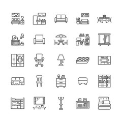 Wall Mural - Furniture vector flat line icons. Living room tv stand, bedroom, home office, kitchen corner bench, sofa, nursery, dining table, bedding. Thin signs collection for interior store. Pixel perfect 64x64.