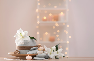 Beautiful spa composition on table in wellness center