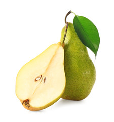 Poster - Delicious whole and sliced ripe pears on white background