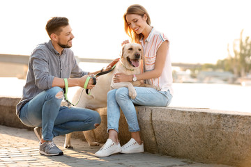 Poster - Cute yellow labrador retriever with owners outdoors