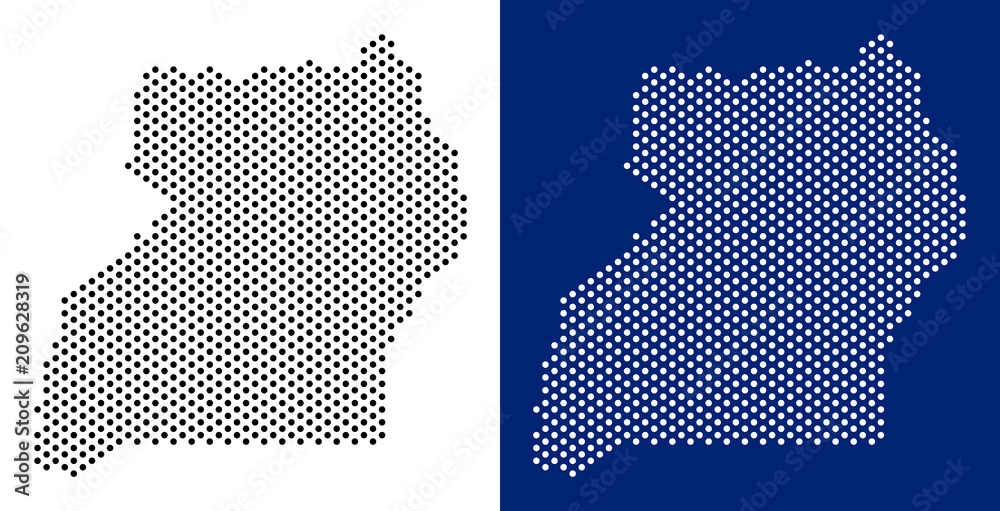 Dot Uganda map. Vector geographic map on white and blue backgrounds ...