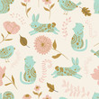 in the garden vector seamless pattern. Kids background with cute animals, birds and flowers