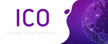 ICO Initial Coin Offering Futuristic Ultraviolet Hud Background With World Map And Blockchain Peer To Peer Network. Global Cryptocurrency ICO Coin Sale Event - Blockchain Business Banner Concept.