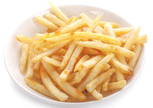 French Fries In White Plate Isolated On White Background