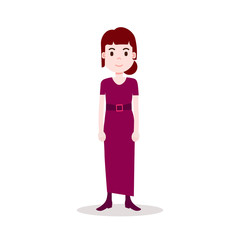 girl brunette character serious female red dress template for design work and animation on white background full length flat person vector illustration