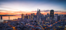 Panorama of the San Francisco skyline with brilliant sunrise