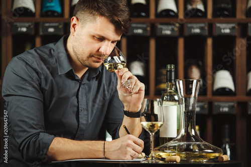 Fotografie, Obraz Sommelier degustating white wine poured in glass