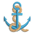 Illustration of a ship's anchor with a rope and ship. Vector graphics to design.
