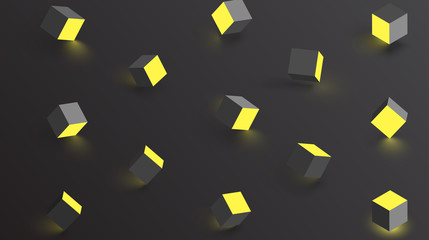 Black background with yellow geometric 3d cubes pattern.