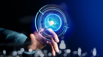 Poster - Businessman holding a Shinny technologic phone button - 3d render