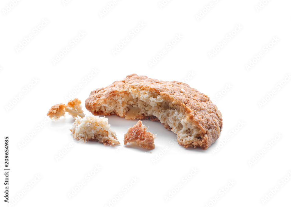 Delicious crushed oatmeal cookie on white background