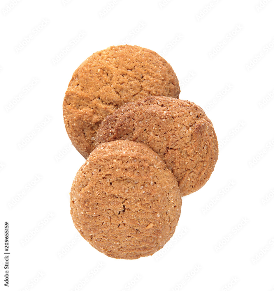 Delicious oatmeal cookies on white background