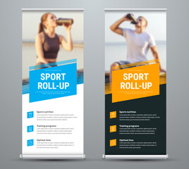 Poster - Templates of vector white and black roll-up banners on the theme of sport and sports nutrition, with a place for photos.