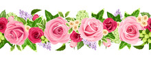 Vector Horizontal Seamless Garland With Red And Pink Roses, Lilac Flowers And Green Ivy Leaves.