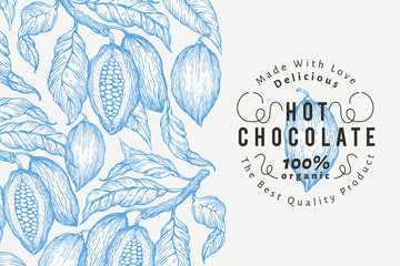 Cocoa bean tree banner template. Chocolate cocoa beans background. Vector hand drawn illustration. Vintage style illustration.