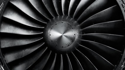 seamless animation of cfm56 turbofan aircraft engine slowly spinning in a loop.