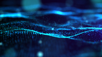 Fototapete - Futuristic Blue digital abstract luxurious sparkling wave particles flow de-focus background