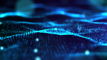 Fototapete - Futuristic Blue digital abstract luxurious sparkling wave particles flow de-focus background