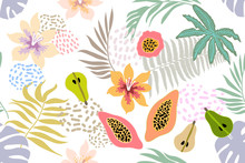 Wide Floral Pattern With Tropical Fruits And Leaves.