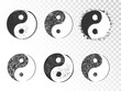 Vector set of hand drawn yin yang signs with grunge and floral elements.