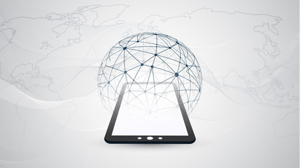 Poster - Digital Network Connections, Mobile Technology Background - Cloud Computing Design Concept with Transparent Geometric Wireframe