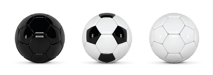 Set of realistic soccer balls or football ball on white background. 3d Style vector Ball. Soccer black and white balls