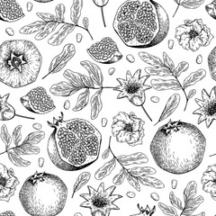 Wall Mural - Seamless vector pattern of pomegranate fruits and flowers. Hand drawn. Engraved juicy natural fruit. Moisturizing serum, healthcare. Good for cosmetics, medicine, treating, package design, skincare.