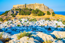 Historic Lindos Castle And Town On The Mediterranean Coast, Rhodes Island, Greece