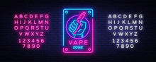 Zone Vaping Neon Sign Vector Template, Light Banner, Bright Night Illustration, Symbol, Places For Vape, Electronic Cigarette Neon. Vector Illustration. Editing Text Neon Sign