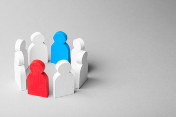 Wall Mural - Concept leader of a business team. Crowd of white men stands in circle and listens to leader of blue and red man