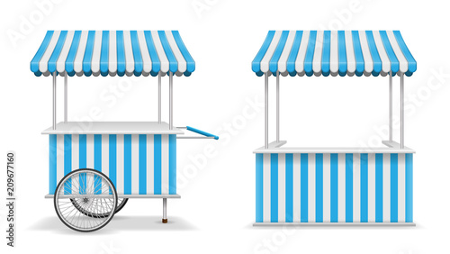 Download Realistic Set Of Street Food Kiosk And Cart With Wheels Mobile Blue Market Stall Template Farmer Kiosk Shop Mockup Vector Illustration Stock Vector Adobe Stock