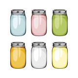 Fototapeta  - Set of mason glass jar. ball.  Empty glass jar in difrent colours with handle.