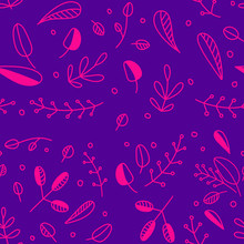 Illustration Seamless Doodle Pattern With Different Pink Leaves On Purple Backdrop