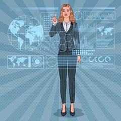 Pop Art Business Woman Using Virtual Holographic Interface. Futuristic Technology Touchscreen. Vector illustration