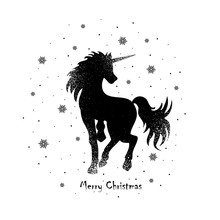 Vector Illustration Silhouette Of A Magic Unicorn And Snowflakes, Merry Christmas