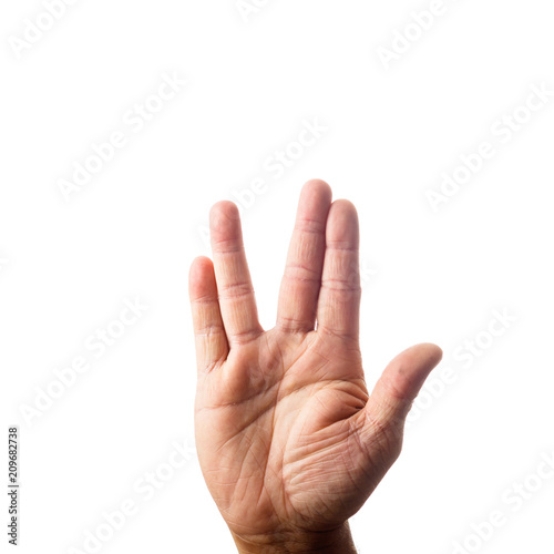 Fotografía Adult male hand showing prosperity gesture isolated on white