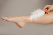 © vladimirfloyd - well-nourished woman leg and a white feather on a gray background