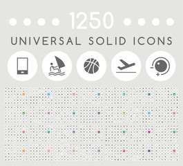 Fototapete - Set of 1250 Elegant Universal Black Minimalistic Solid Icons on Circular Colored Buttons on Grey Background