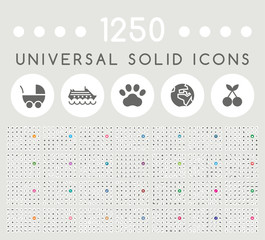 Poster - Set of 1250 Elegant Universal Black Minimalistic Solid Icons on Circular Colored Buttons on Grey Background